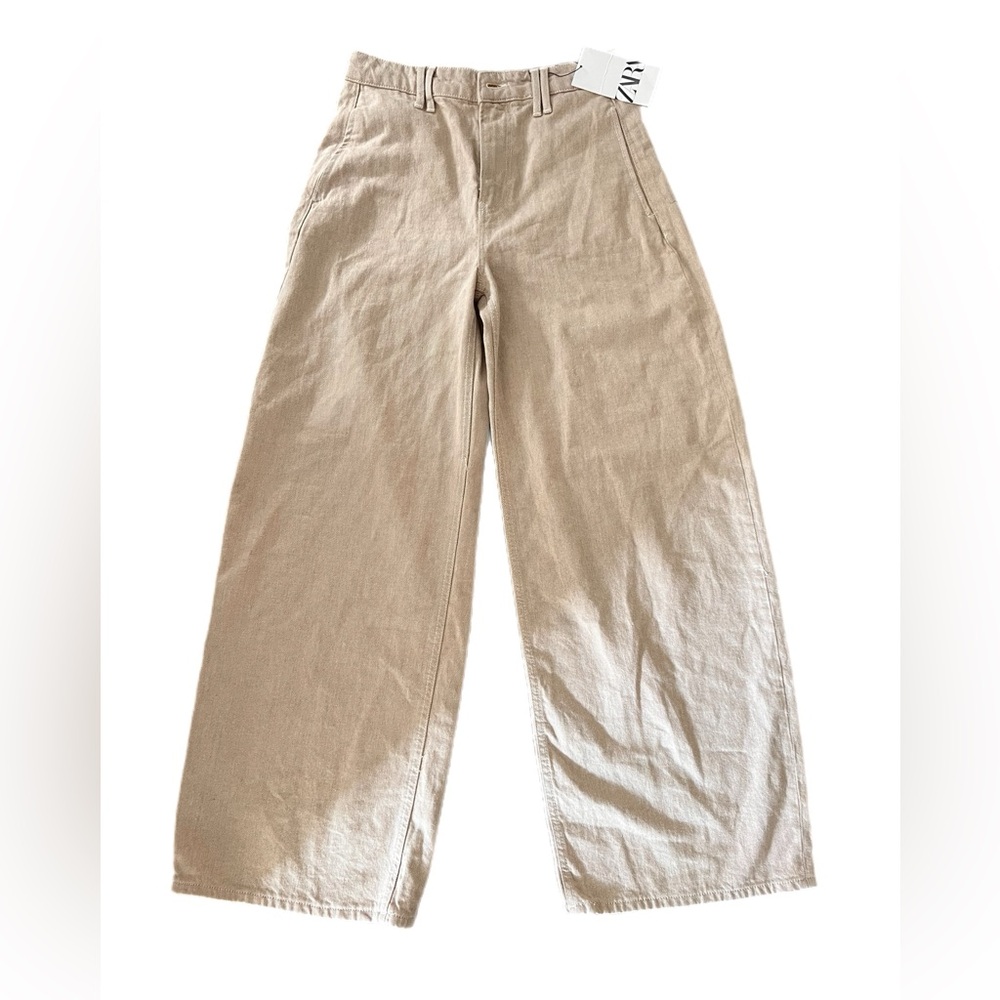New with tags Zara the Emily pants wide leg full length tan Khaki jeans